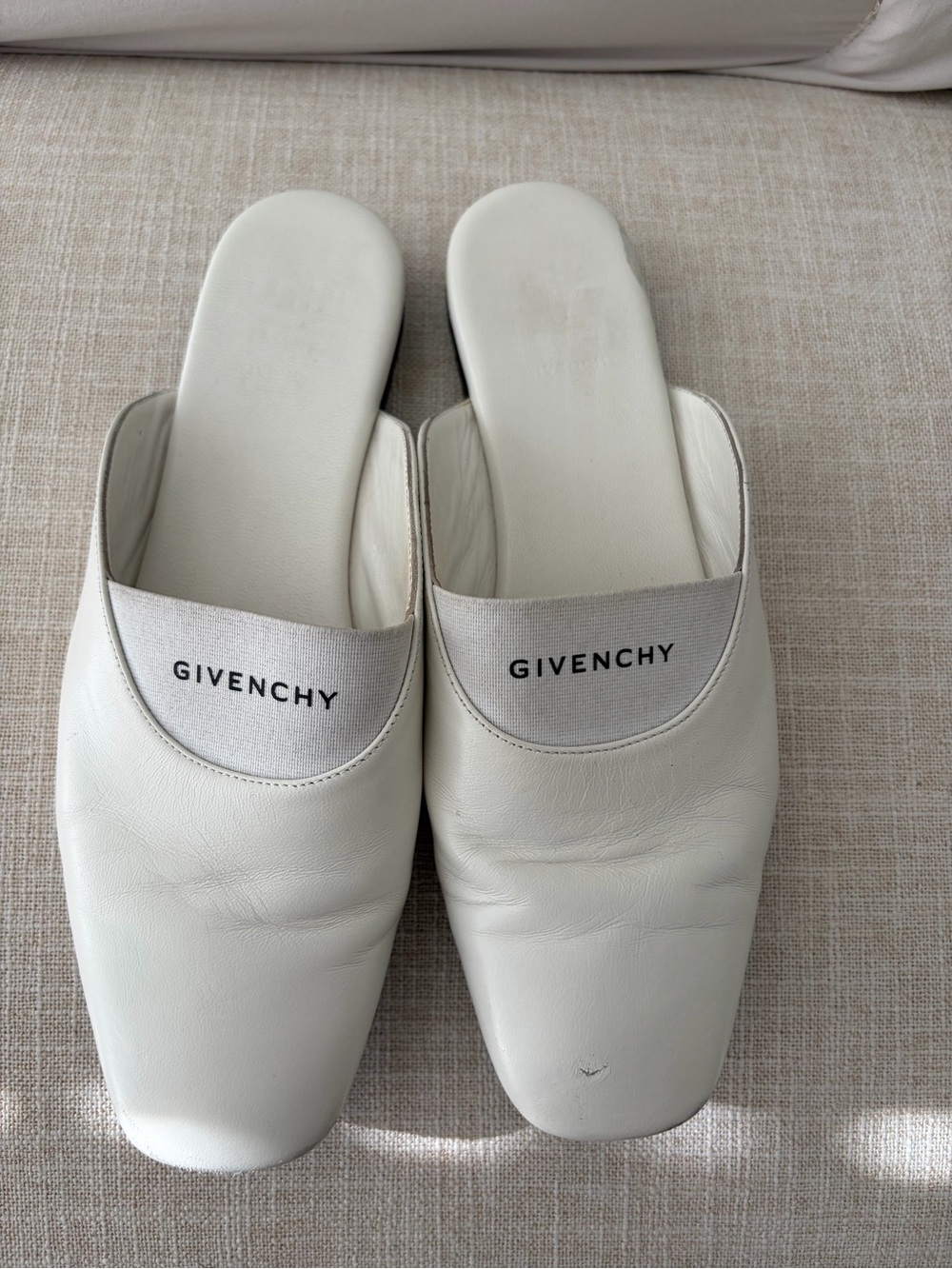 Givenchy White Leather Square Toe Logo Mules Size 38